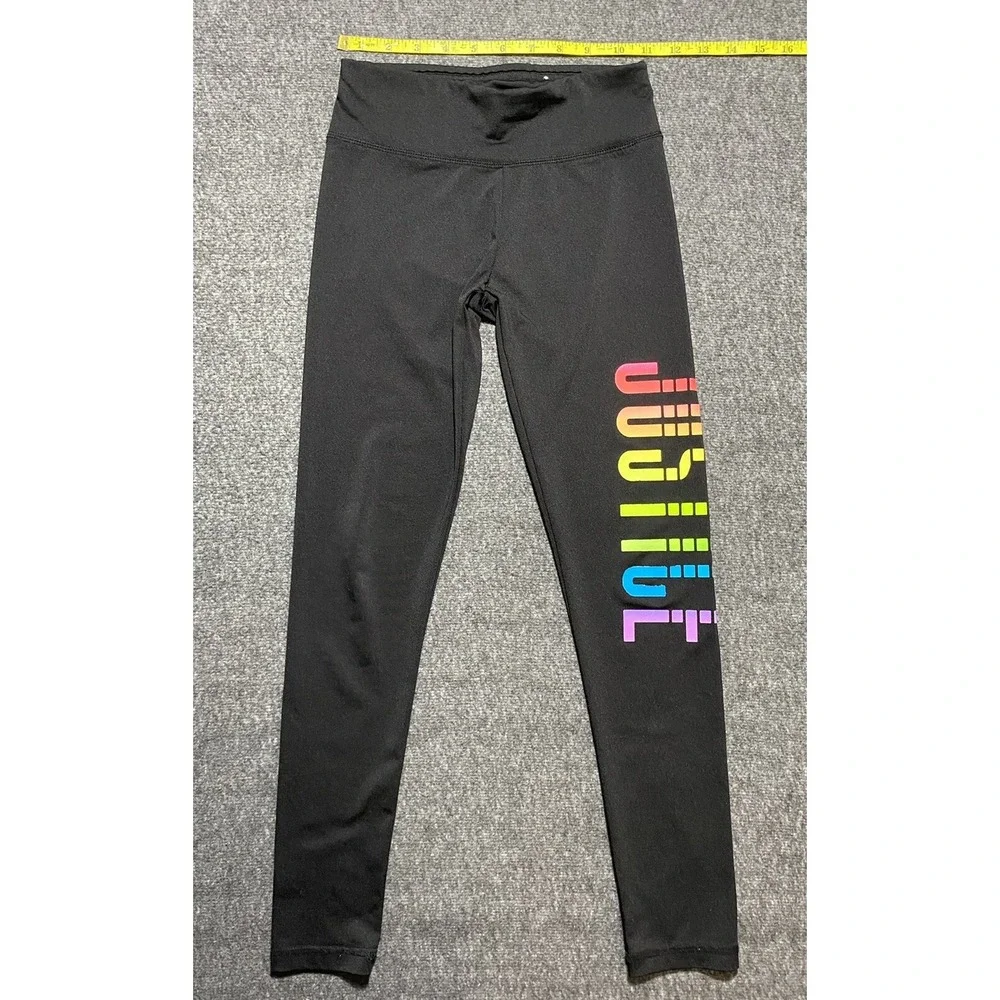 Girl's Size 10  JUSTICE Black Rainbow Glitter Logo Leggings